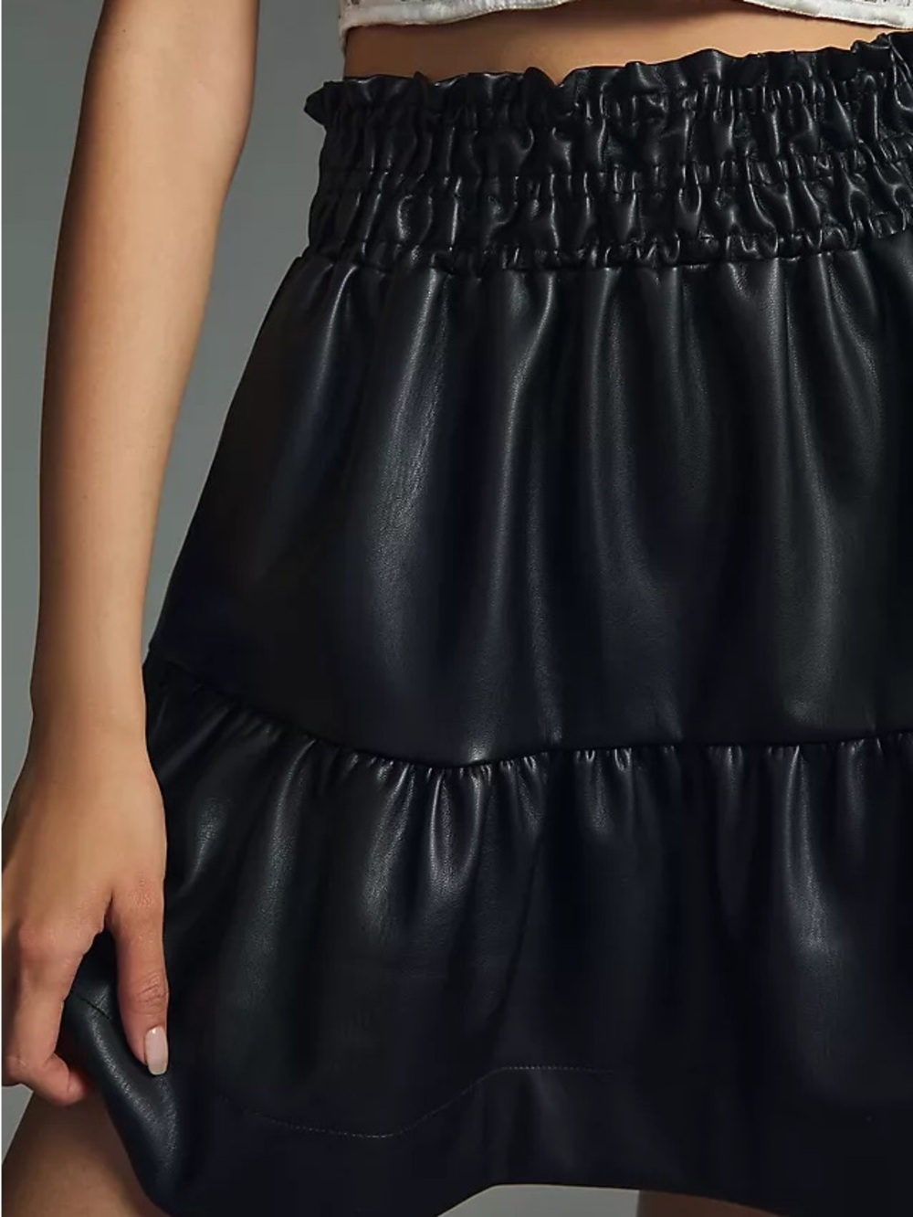 Anthropologie Black Faux Leather Tiered Mini Skirt with Smocked Waist